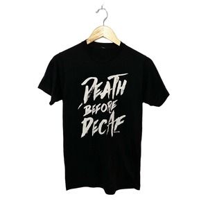 Death Before Decaf Coffee Script Tee T-shirt Women’s Small Black White